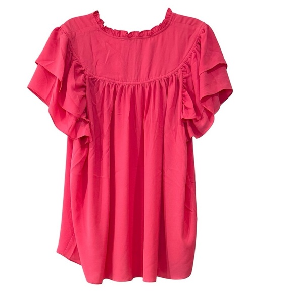 Rose & Olive Blouse Flutter Sleeve Ruffle Neckline Blouse Bright Pink Size 2X - Picture 2 of 7